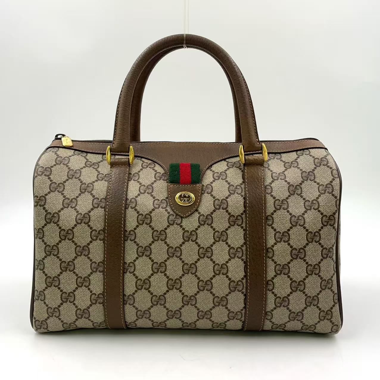 GUCCI GGプラス シェリーライン ハンドバッグ レザー×PVC ブラウン