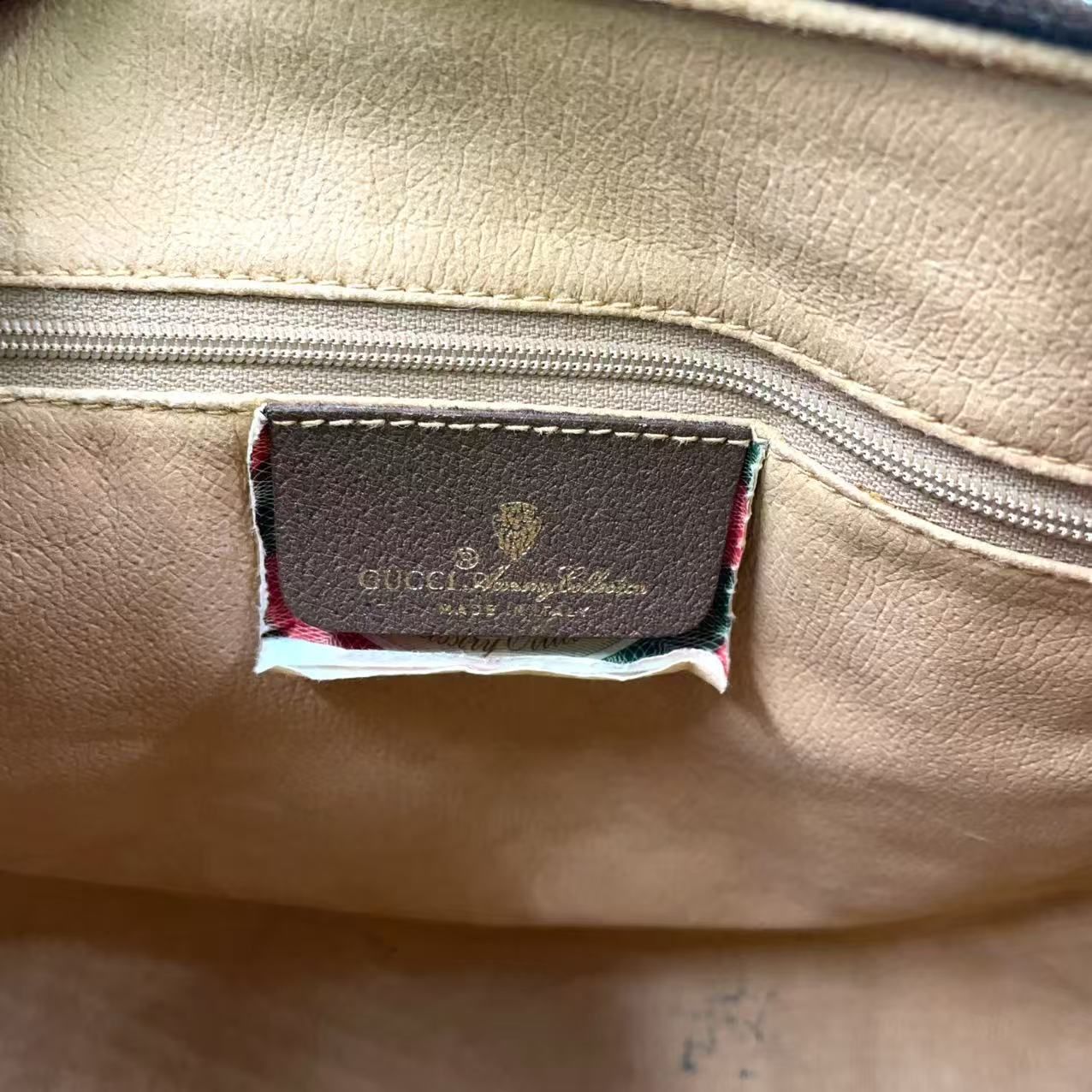 GUCCI GGプラス シェリーライン ハンドバッグ レザー×PVC ブラウン