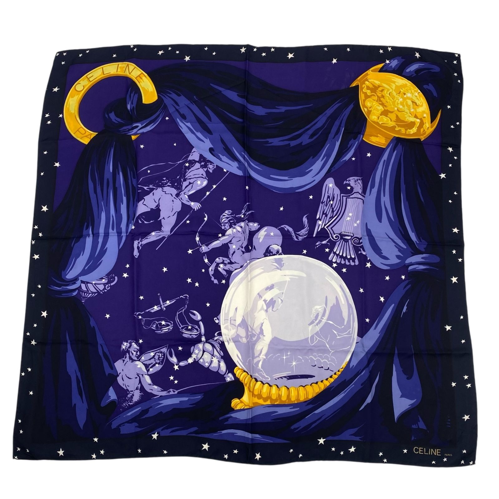 美品 CELINE セリーヌ スカーフ シルク スカーフ 星座柄 ロゴ ブルー