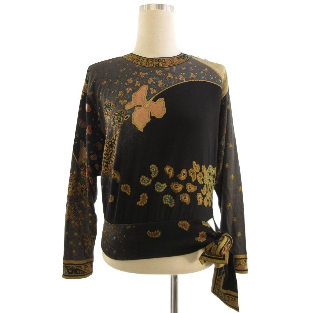 極美品 希少デザイン レオナール カットソー 長袖 カンカン 袖ラインストーン レオナール✨トップス カットソー カンカン 伸縮性 トリム 花 黒