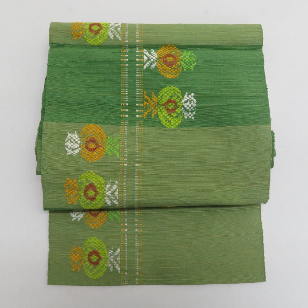 名古屋帯 緑色x黄色 織文様 エスニック調 縦線に花模様 松葉仕立て 六