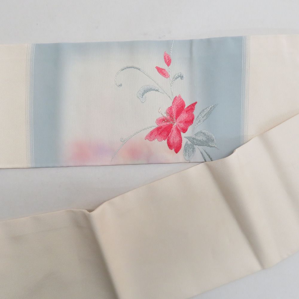 名古屋帯 オフホワイトxグレーxピンク ぼかし色 織文様 お太鼓柄 花