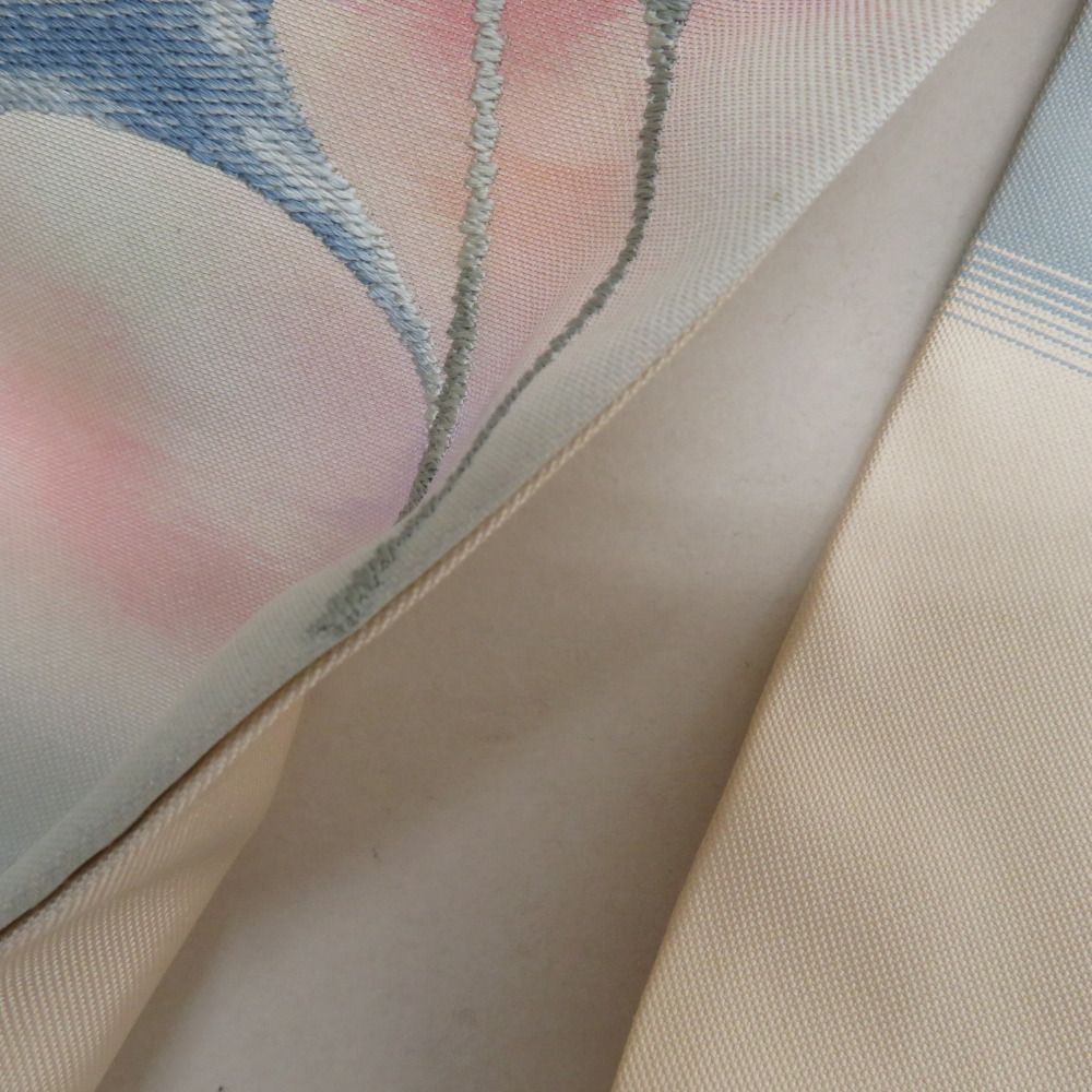 名古屋帯 オフホワイトxグレーxピンク ぼかし色 織文様 お太鼓柄 花