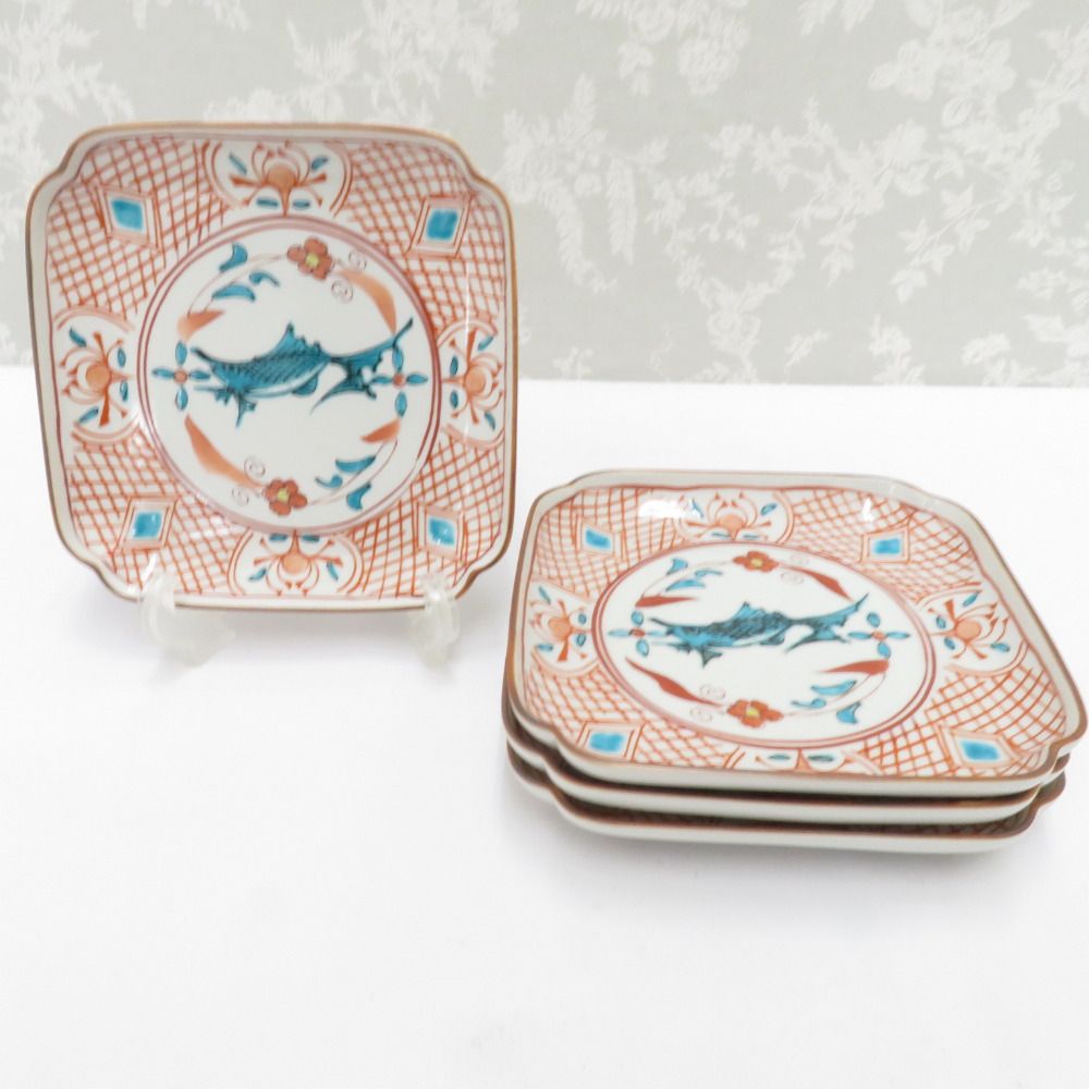 小皿 2枚 九谷 古九谷 山水 上手物 銘々皿 江戸 角福 小皿 2枚 九谷 古