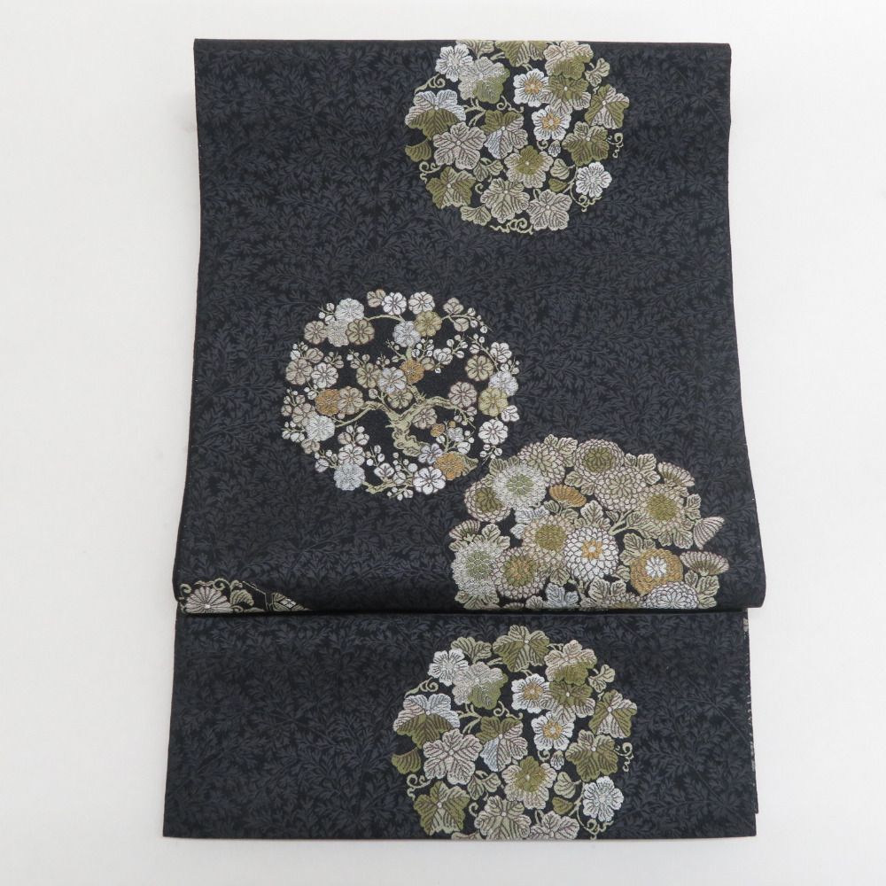 袋帯 正絹 洒落袋帯 黒色x緑色x茶色 全通柄 草花鳥文様 仕立て上がり