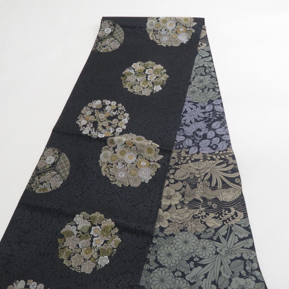 【洒落】袋帯★正絹 ☆全通柄☆モダン☆長さ470　★中古 袋帯 正絹 洒落袋帯 黒色x緑色x茶色 全通柄 草花鳥文様 仕立て上がり