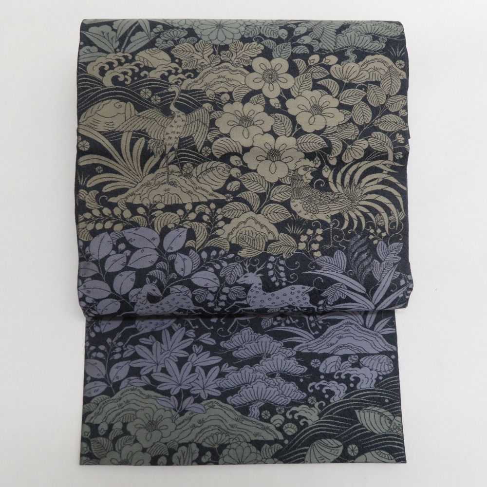 【洒落】袋帯★正絹 ☆全通柄☆モダン☆長さ470　★中古 袋帯 正絹 洒落袋帯 黒色x緑色x茶色 全通柄 草花鳥文様 仕立て上がり