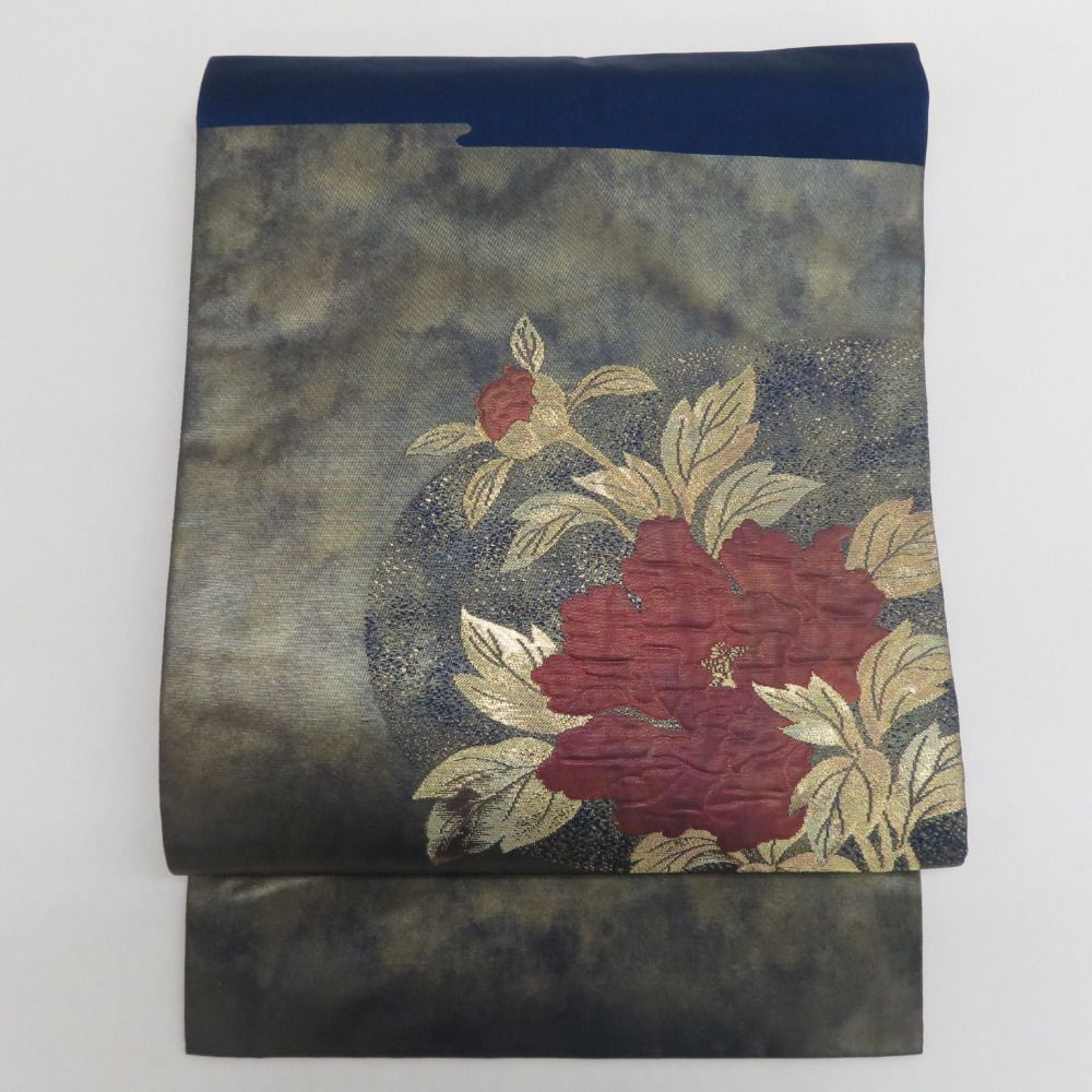 名古屋帯 紺色x金色xエンジ色 花紋様 金糸 太鼓柄 正絹 カジュアル