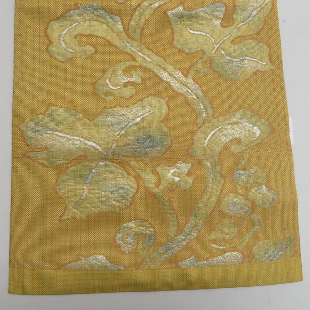 名古屋帯 八寸帯 辛子色x銀色 銀糸 植物文様 六通柄 正絹 カジュアル