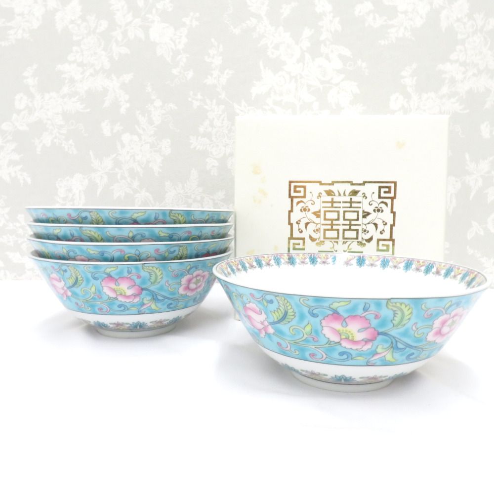 有田焼 食器 龍峰窯 大昭和龍峰製 緑彩唐草 中華鉢 ラーメンどんぶり 大鉢 5客組 中華食器 レトロ 箱有