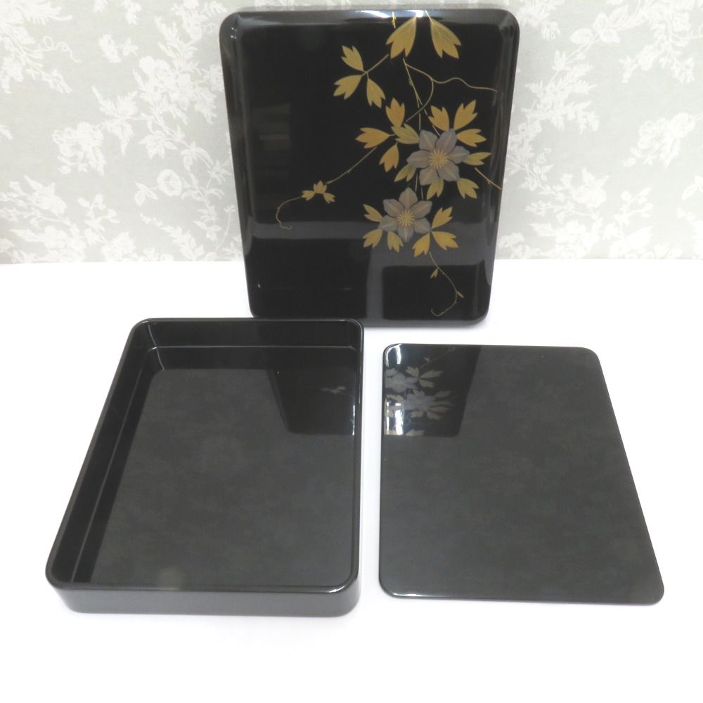 越前漆器 鉄せん蒔絵 御硯箱 文箱 書類入れ 小物入れ 花 鉄線 金彩 黒