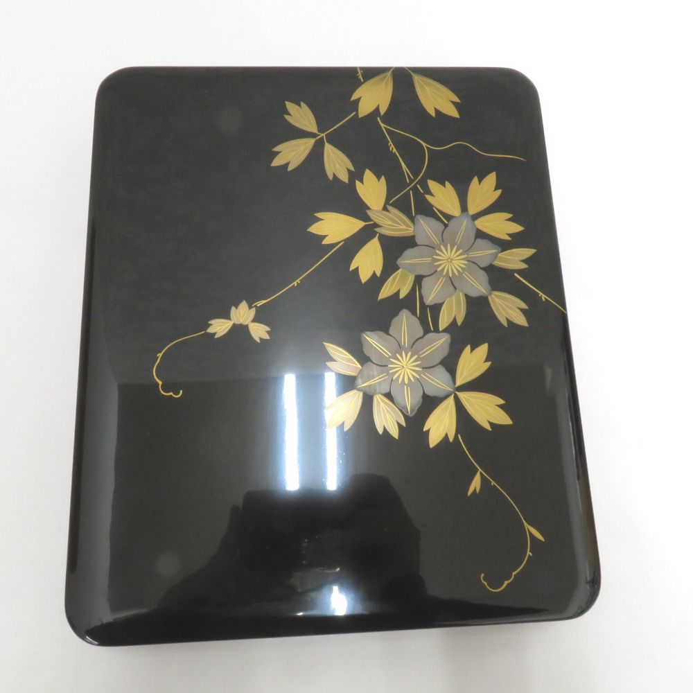 越前漆器 鉄せん蒔絵 御硯箱 文箱 書類入れ 小物入れ 花 鉄線 金彩 黒