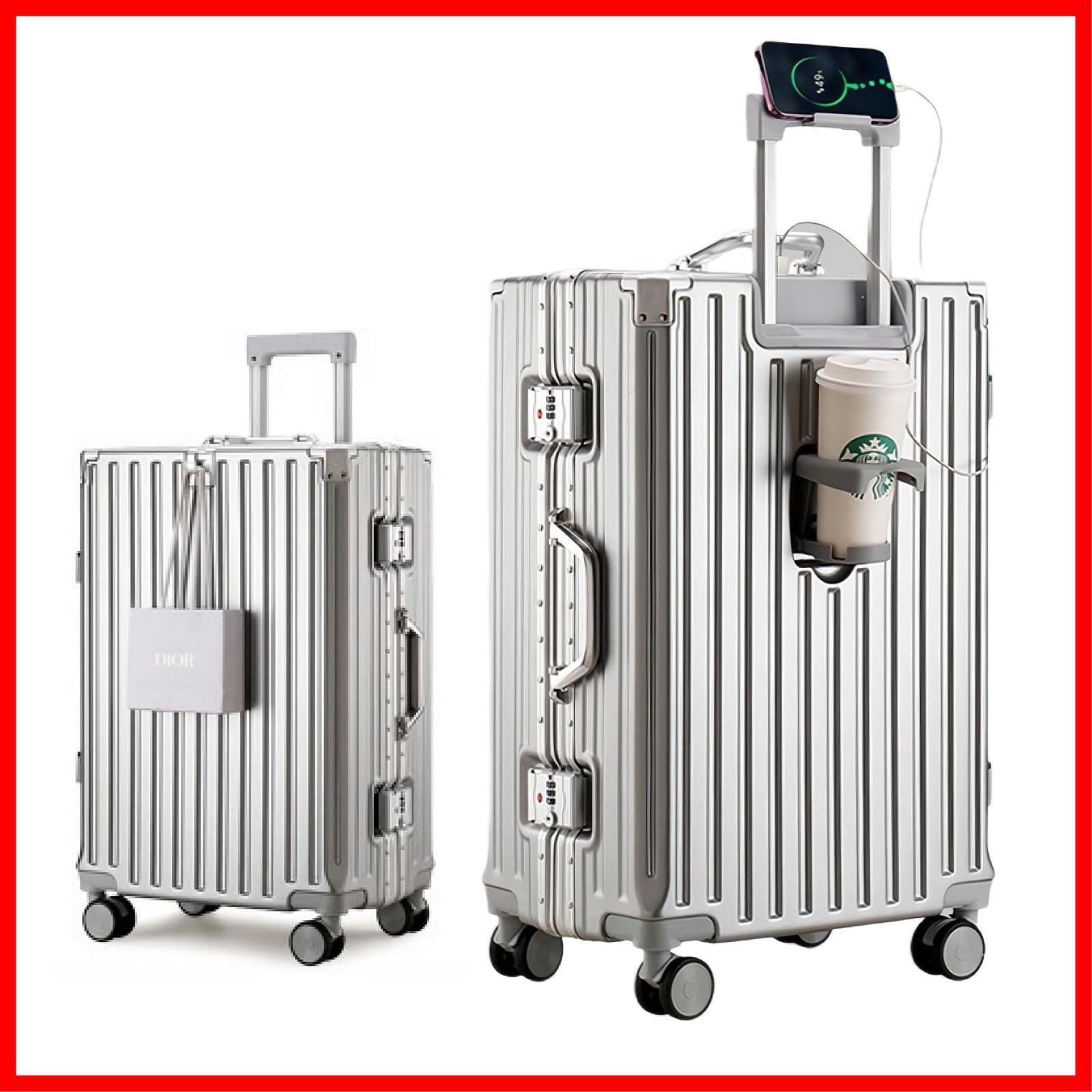 商品 大容量 軽量大型 スマホホルダー付き 耐衝撃 カップホルダー付き キャリーバッグ おしゃれ 多機能 静音 バッグかけフック付き 360度回転 5泊6日 ダブルキャスター s|m|l|xlサイズ 機内持込可 修学旅行 シルバー 旅行 キャリ