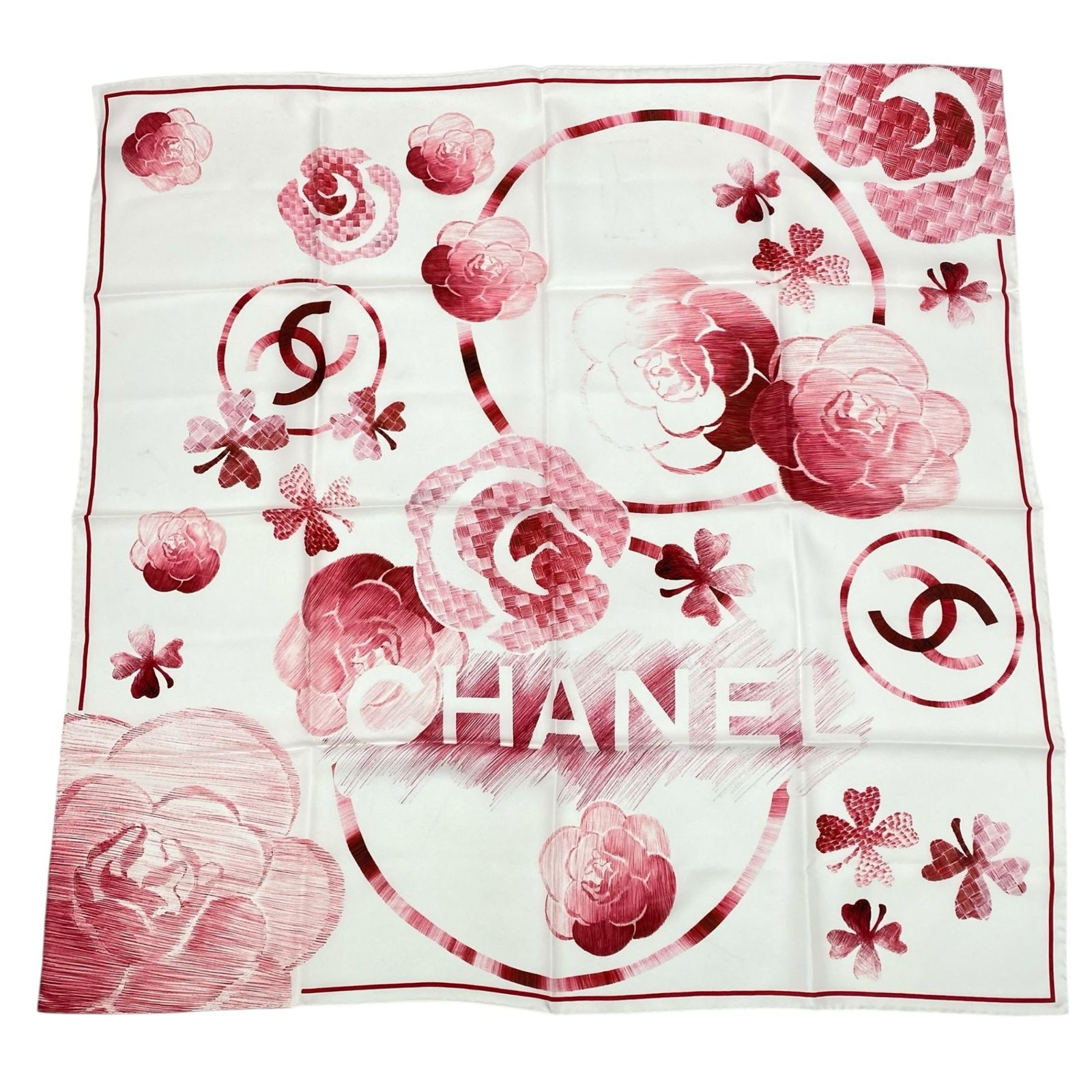新品同様 CHANEL シャネル スカーフ 大判 シルク カメリア ロゴ ココ