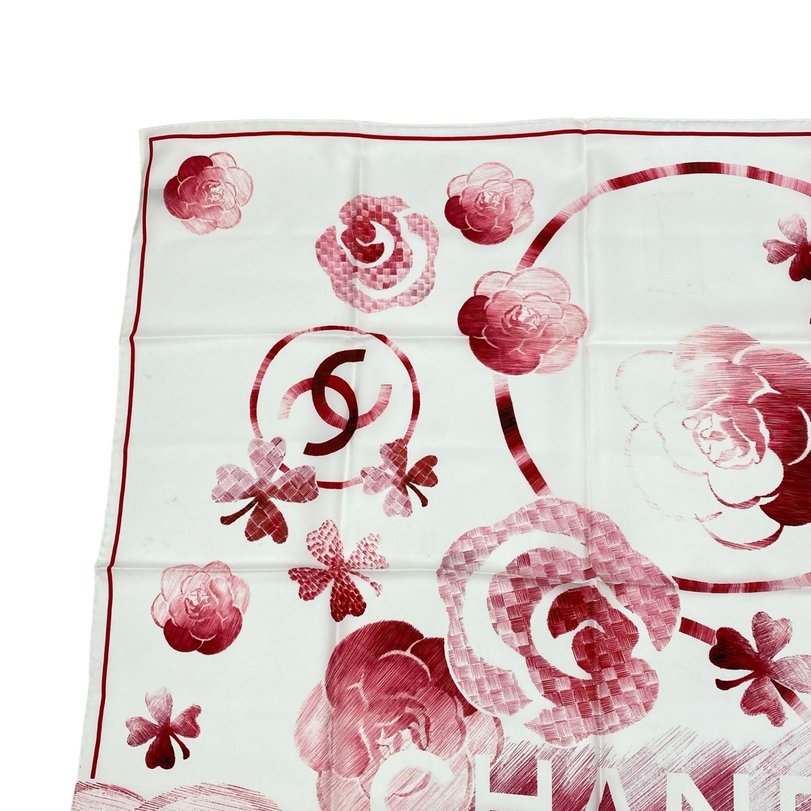 新品同様 CHANEL シャネル スカーフ 大判 シルク カメリア ロゴ ココ