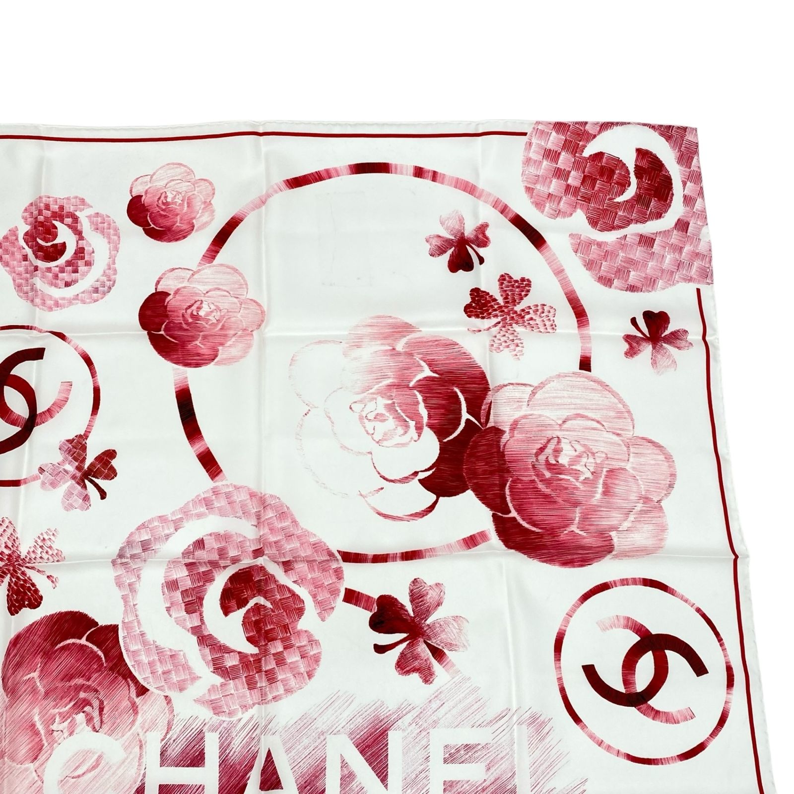 新品同様 CHANEL シャネル スカーフ 大判 シルク カメリア ロゴ ココ