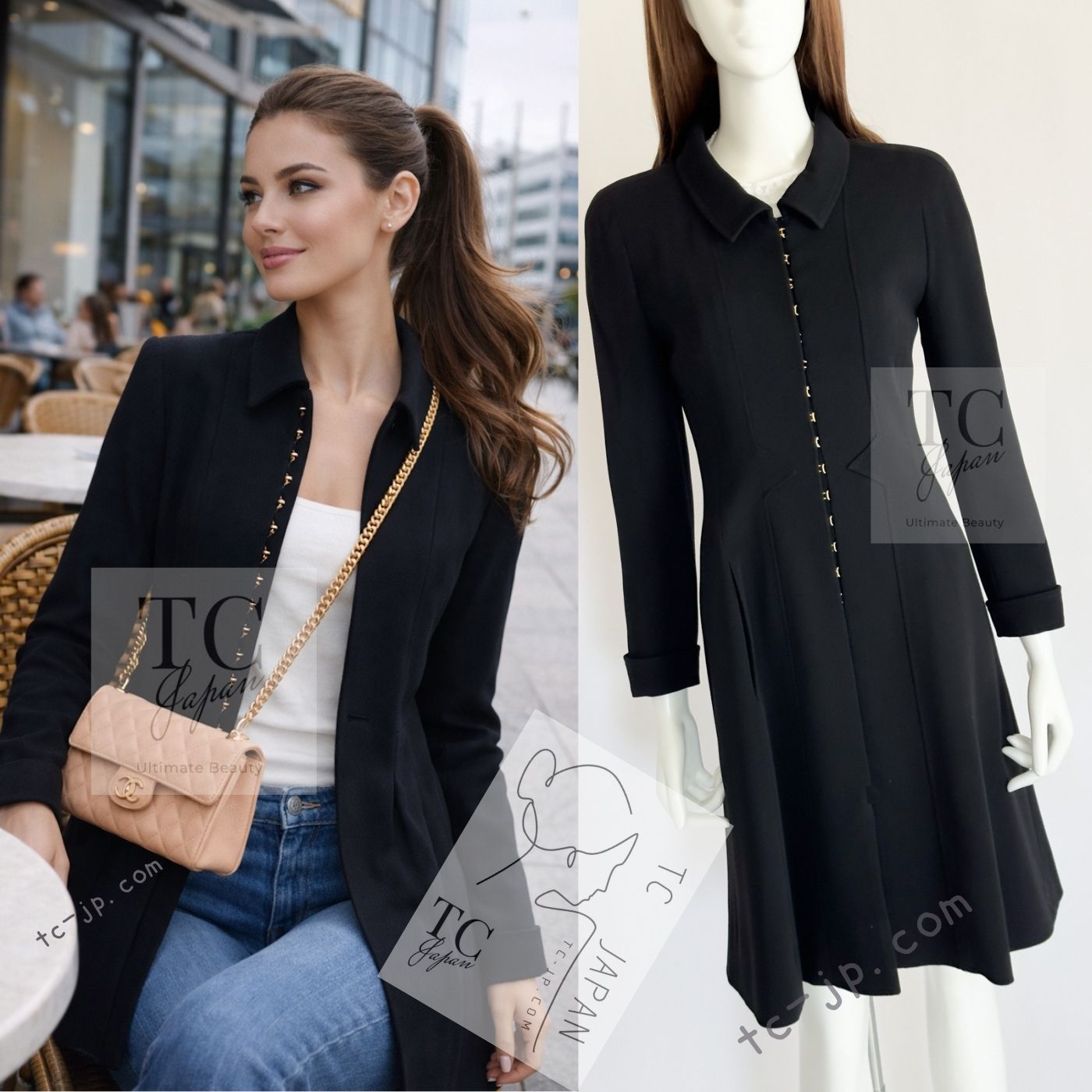 シャネル ヴィンテージ コート ジャケット CHANEL ブラック ウール ココボタン 美人度 アップ カール ラガーフェルド 超 34