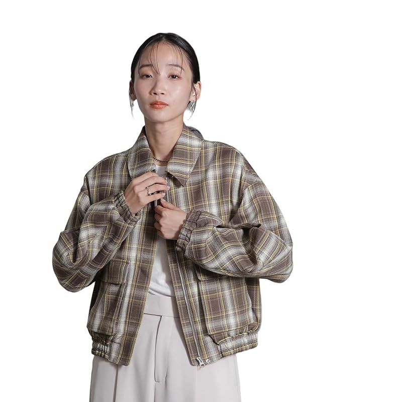 ナノ ユニバース チェック ショート ブルゾン レディース S 180 カーキ 669-4212301 0