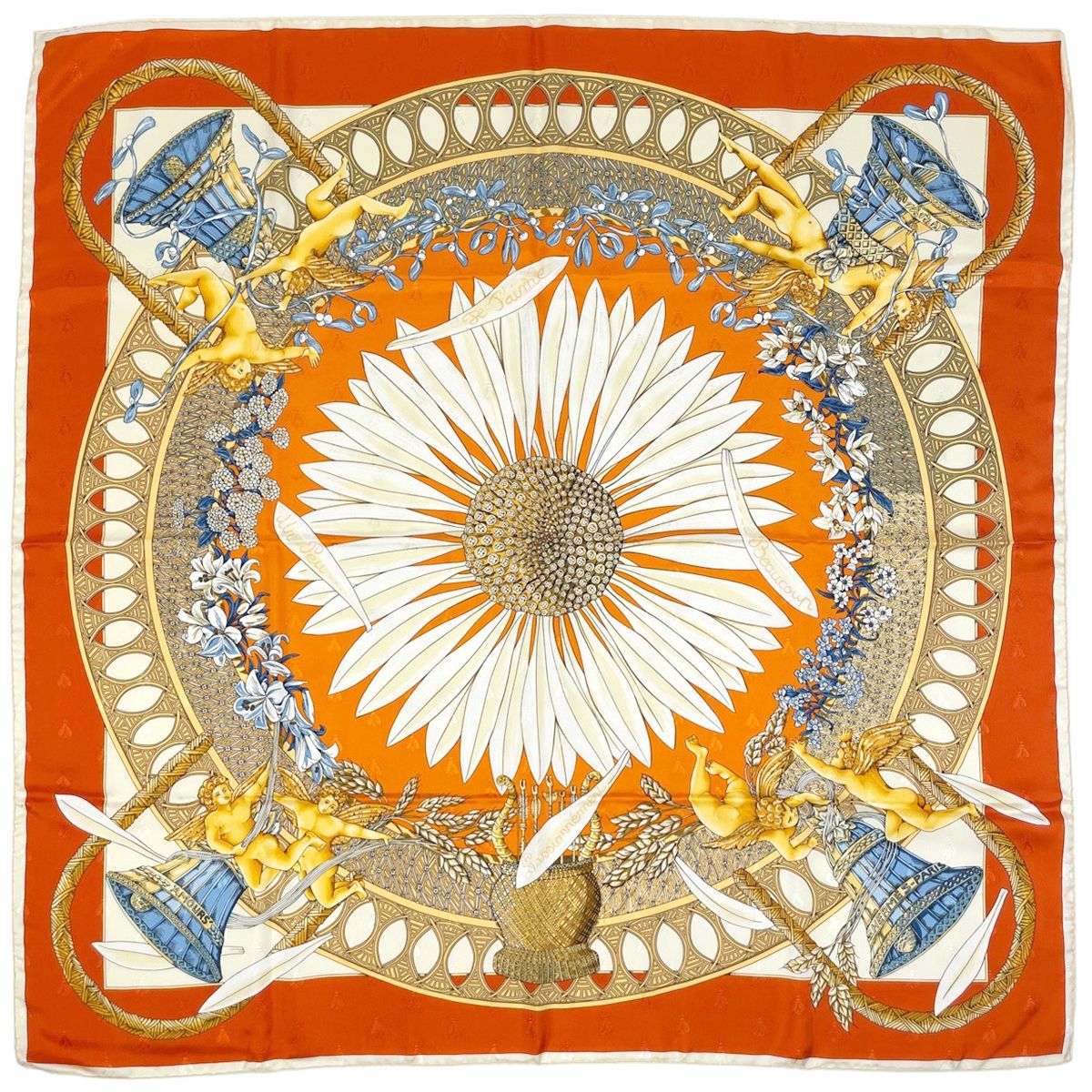 エルメス HERMES カレ 90 AMOURS アモーレ エンジェル 天使 スカーフ シルク オレンジ マルチカラー レディース