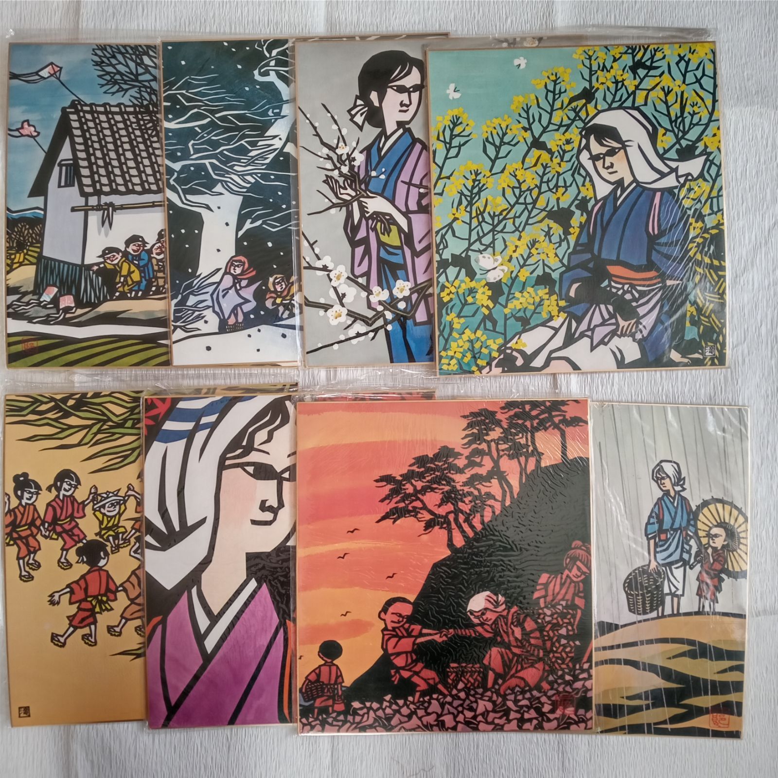 滝平二郎　色紙 滝平二郎きりえ カラー印刷色紙8枚 「おしくらまんじゅ」他 - メルカリ