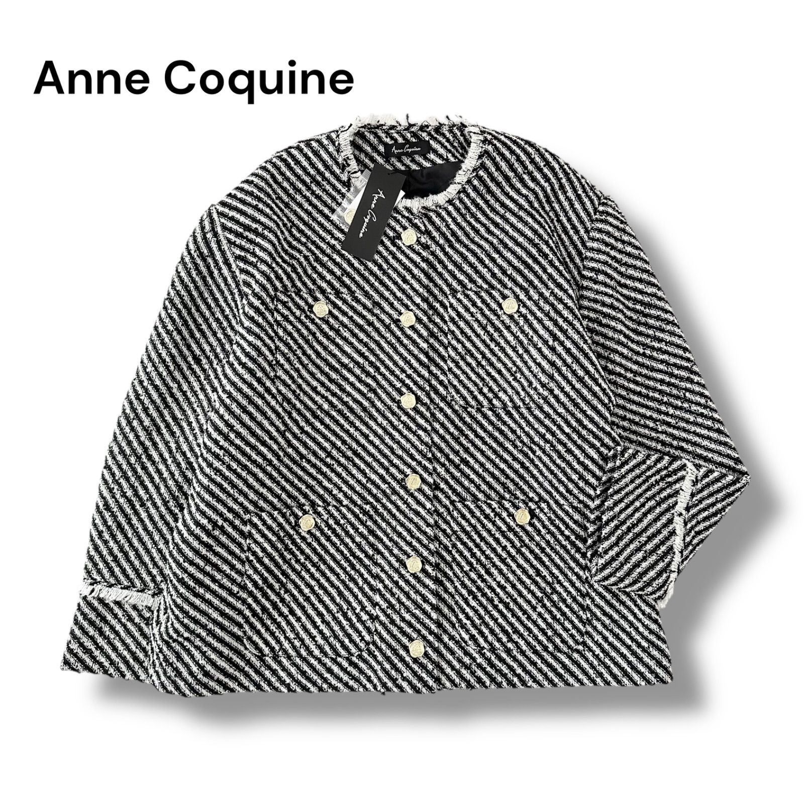 Anne Coquine ツイードジャケット ノーカラー ブラック 3 L 大きいサイズ