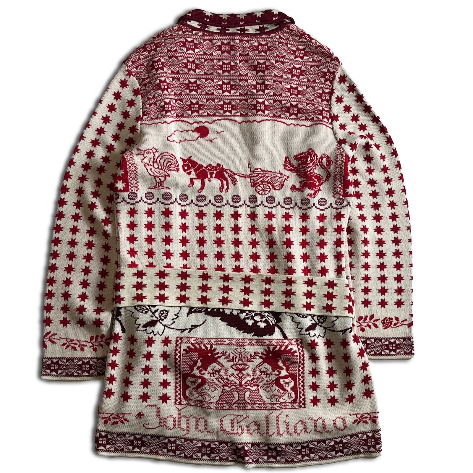 90s】John Galliano ニットカーディガン ボタンレス 総柄 Vintage