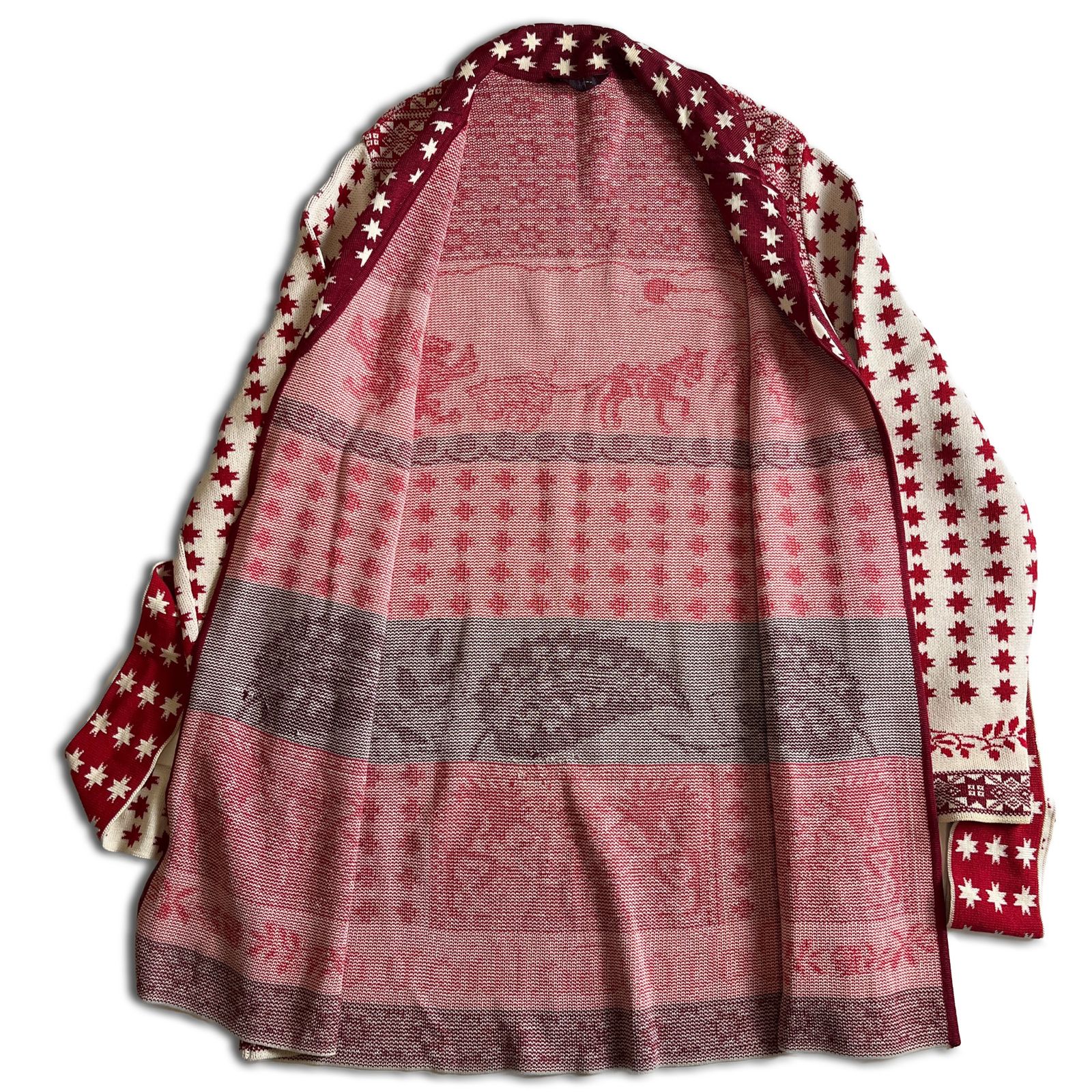 90s】John Galliano ニットカーディガン ボタンレス 総柄 Vintage