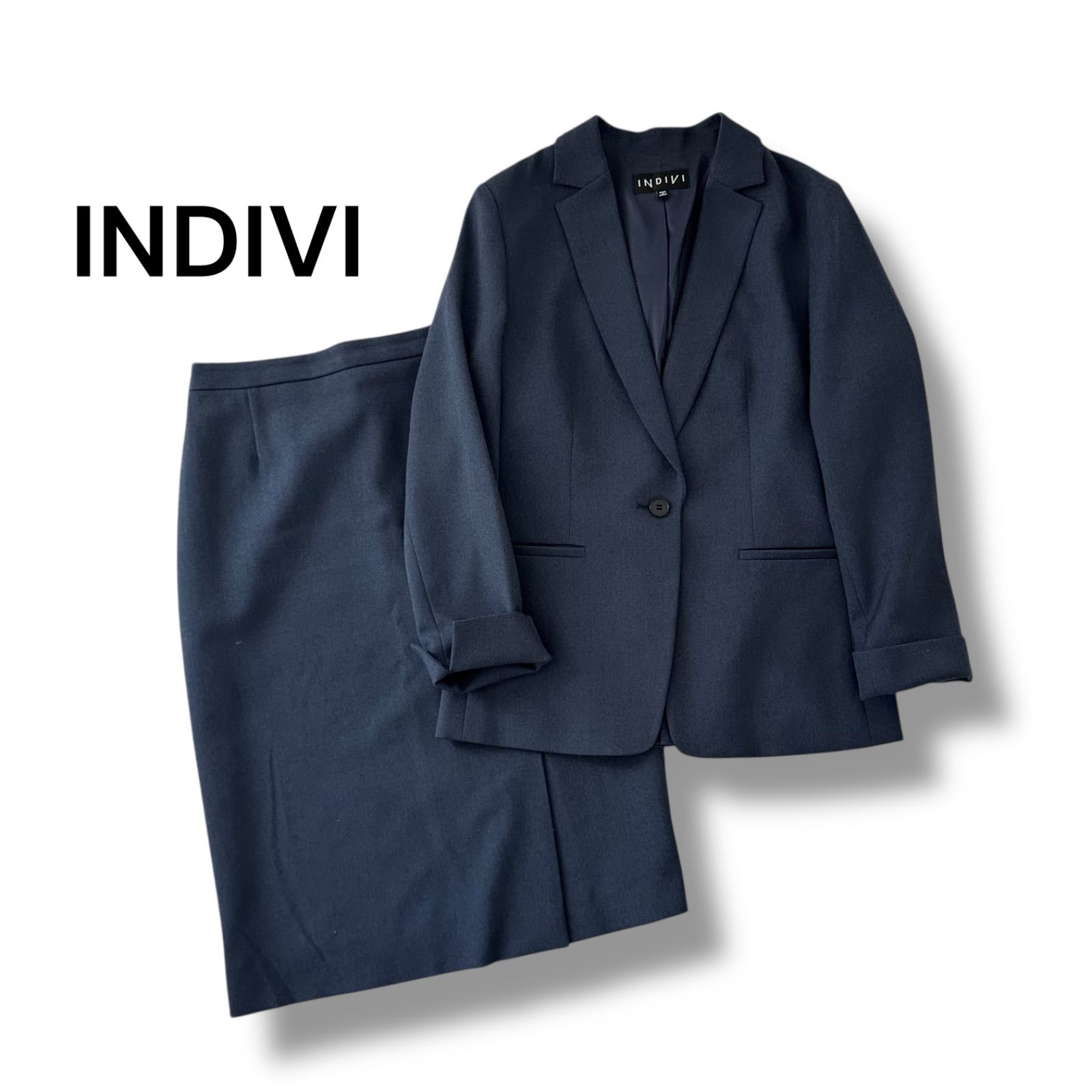 INDIVI インディヴィ 日本製 洗える ウールライク セットアップ テーラードジャケット ラップ風ストレートスカート ネイビー S