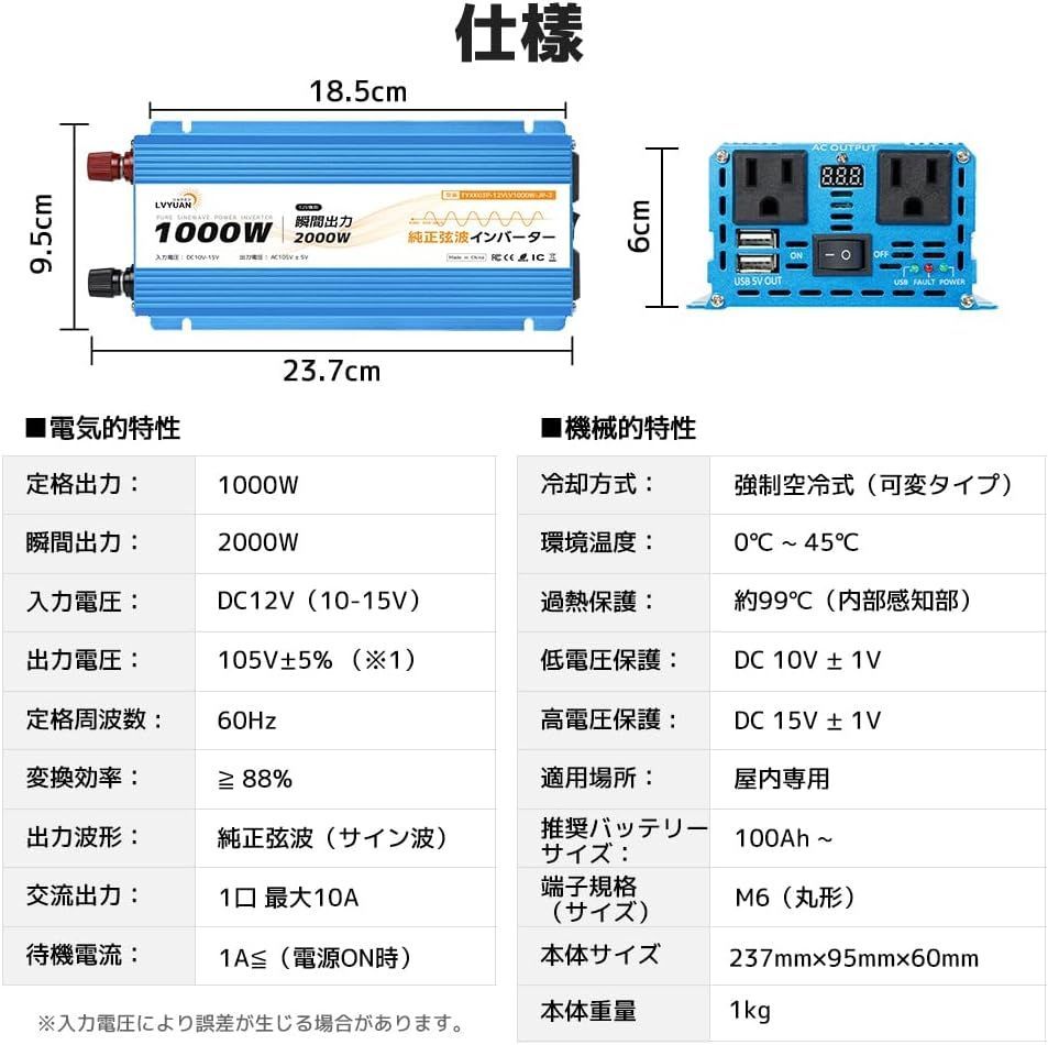 正弦波インバーター 12 V|1000 W 瞬間2000 DC V 直流 AC 100 交流 変換 車中泊|太陽光発電|防災対応 低速走行安定性 加速性能