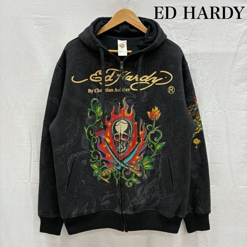 エドハーディー 総柄 ラメ ラインストーン 厚手 裏起毛 ジップアップ パーカー Y 2 K メンズ L ISItems 古着