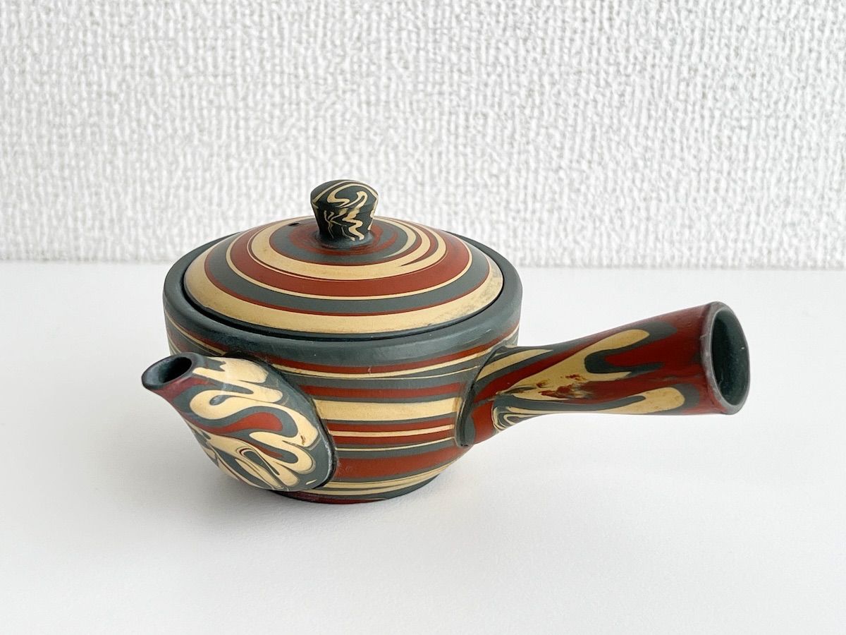 常滑焼　常滑焼壺　茶道具　古美術　古道具　花器　煎茶器 TK325】常滑焼 伸康焼 横手型 急須 マーブル柄 茶道具 煎茶道具 伝統