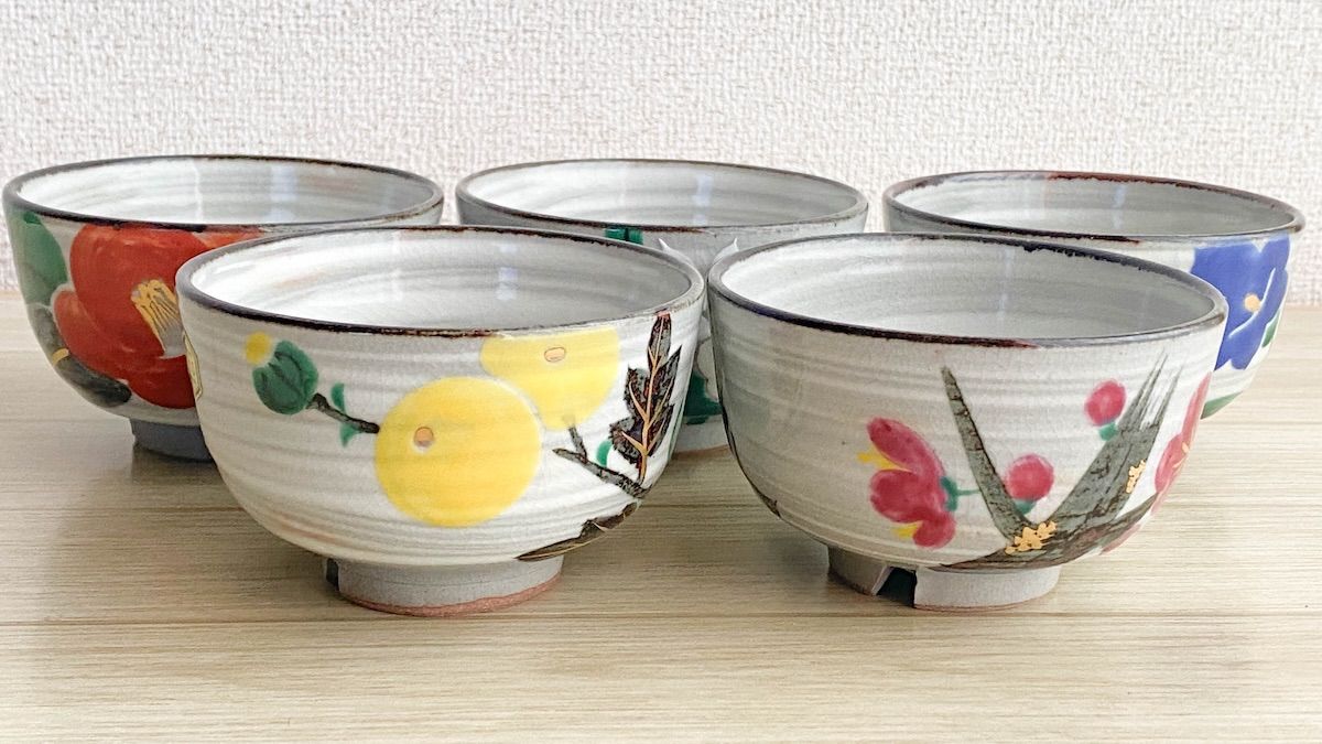SK232】たち吉 橘吉 乾山 青嵐 花色絵 お茶呑茶碗 5客揃え 共箱入 和