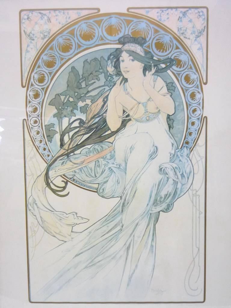 アルフォンス ミュシャ ポスター Alphonse Mucha 四芸術 音楽 大型 90 x 70 cm 伊製 額装 アート 木目ヨーロピアン風額 アールヌーヴォー