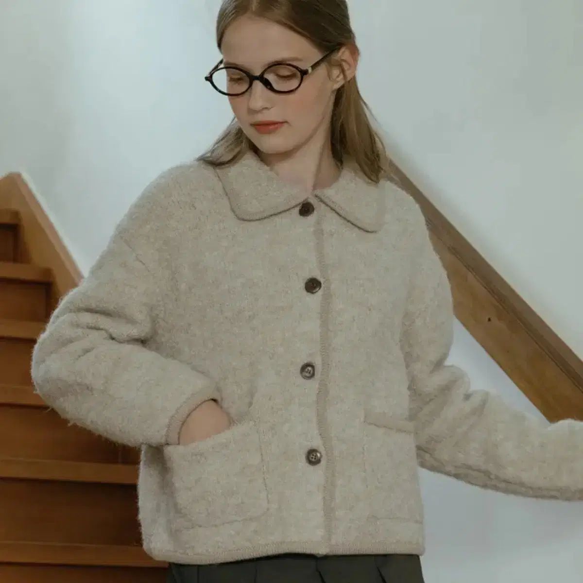 ニジュール ブークレ カラ ボタンアップ ニット ジャケット