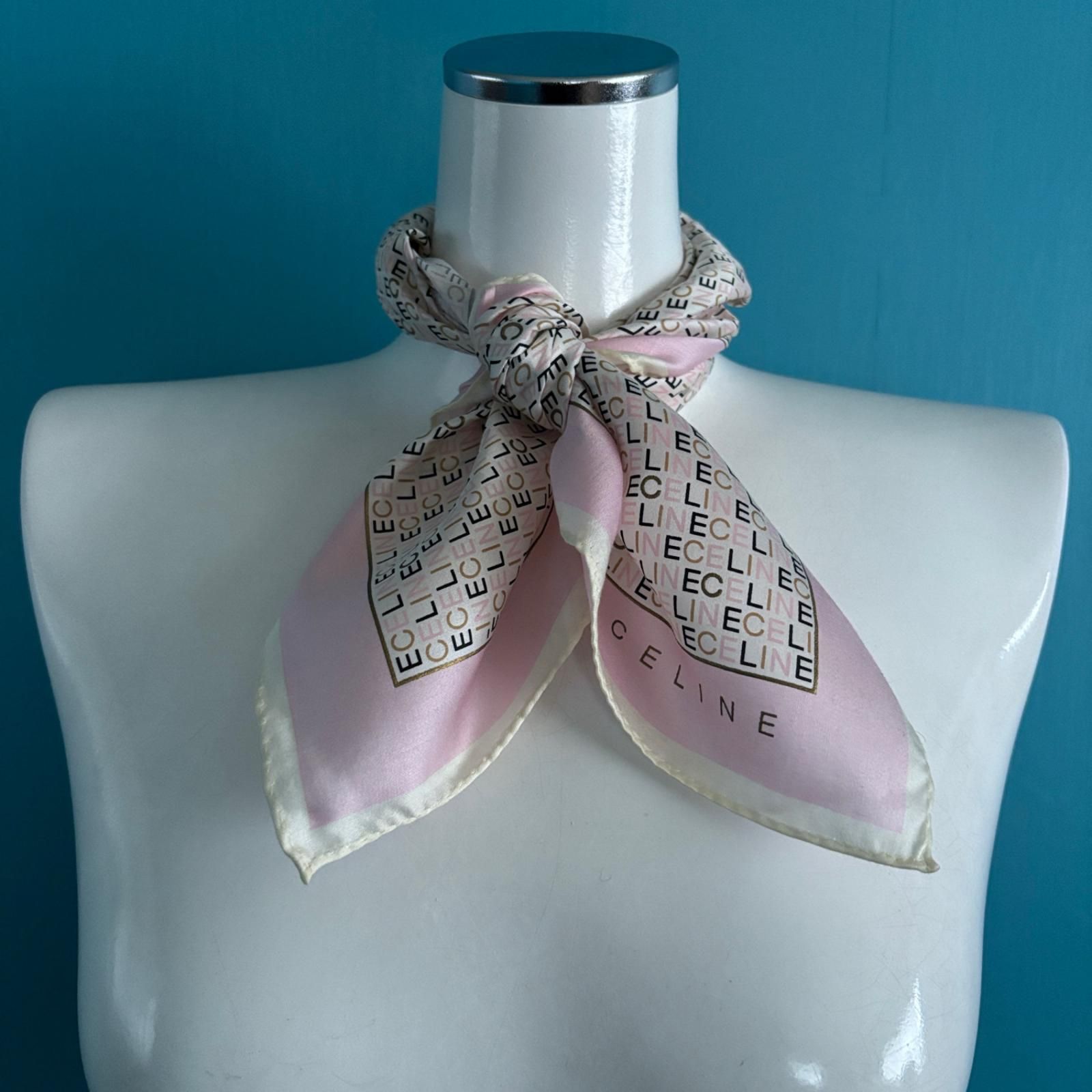 213 【美品】セリーヌ ハンカチ ピンク ロゴ 総柄 スカーフ バンダナ