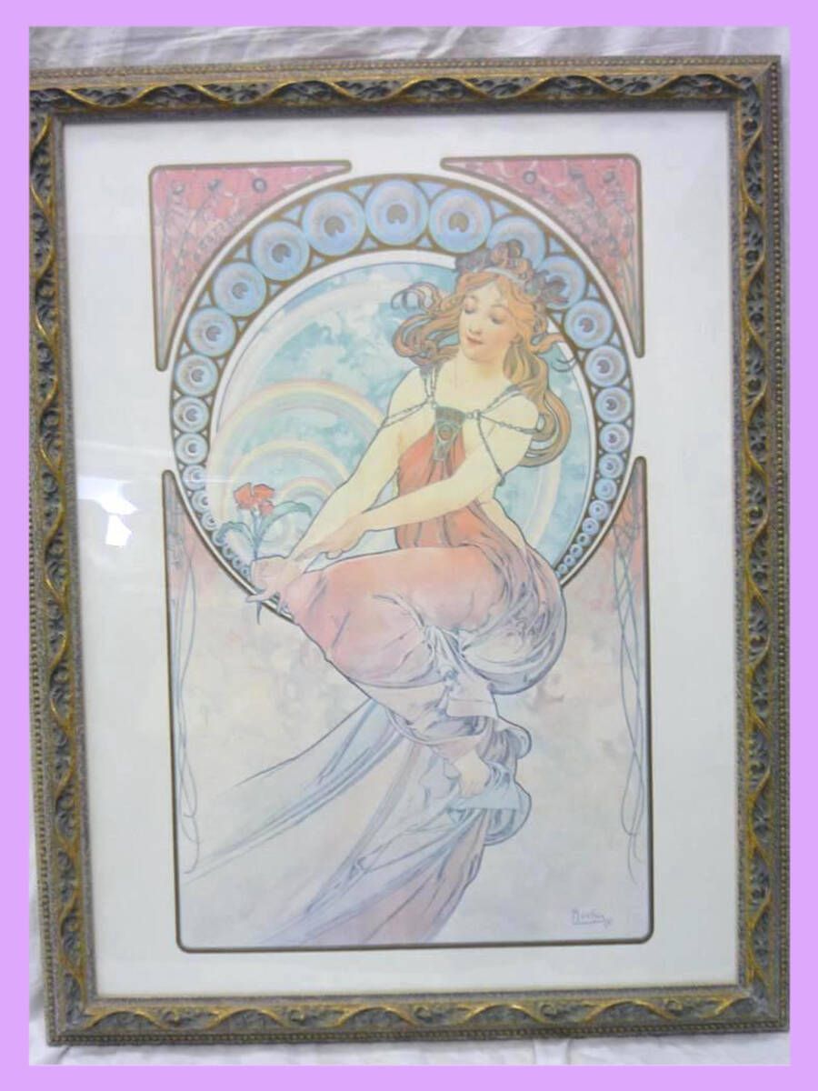 アルフォンス ミュシャ ポスター 四芸術 Alphonse Mucha 大型 90 x 70 cm イタリア製 額装 壁掛 アート 木目ヨーロピアン額アールヌーヴォー