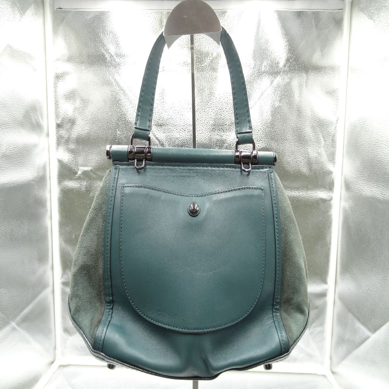 COACH コーチ ハンドバッグ グリーン パイソン柄 ターンロック開閉 