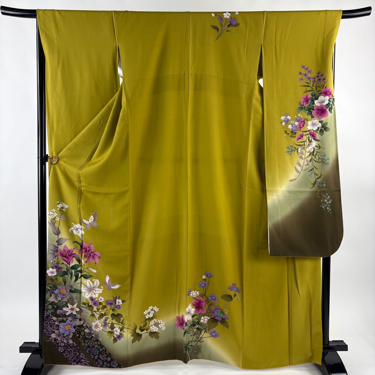 振袖 身丈167cm 裄丈68cm L 袷 百合 蝶 金彩 ぼかし 抹茶色 正絹 名品