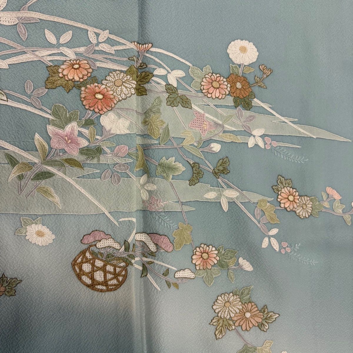 訪問着 身丈150cm 裄丈62.5cm S 袷 花籠 霞 蘇州刺繍 金糸 水色 正絹