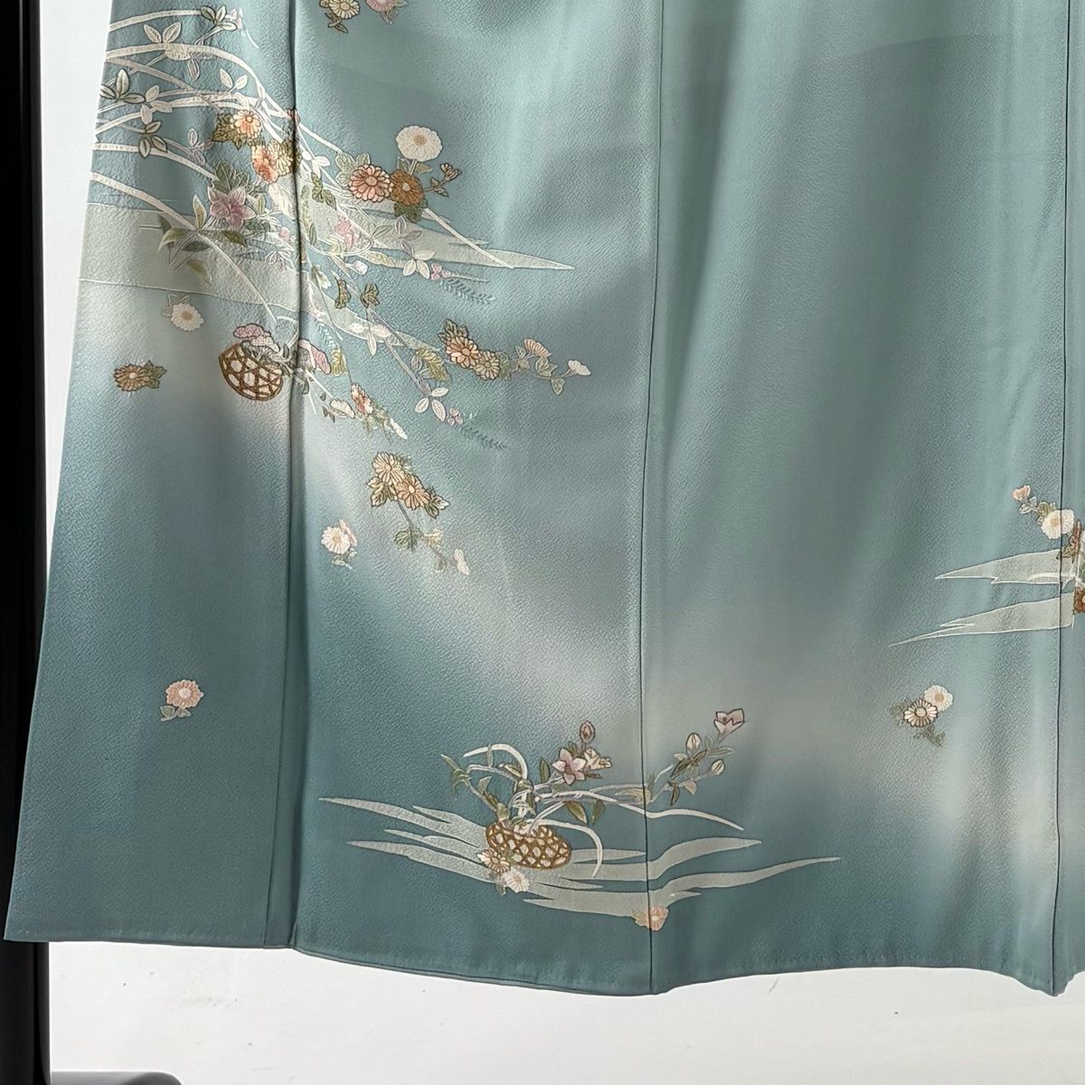 訪問着 身丈150cm 裄丈62.5cm S 袷 花籠 霞 蘇州刺繍 金糸 水色 正絹