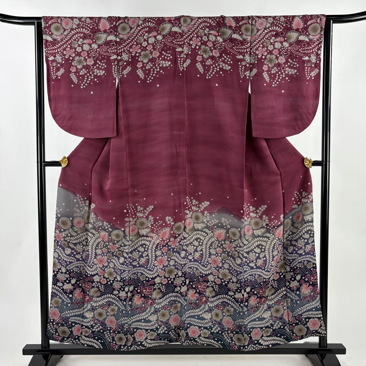 訪問着 身丈154.5cm 裄丈64.5cm M 袷 辻が花柄 縮緬 染め分け 赤紫