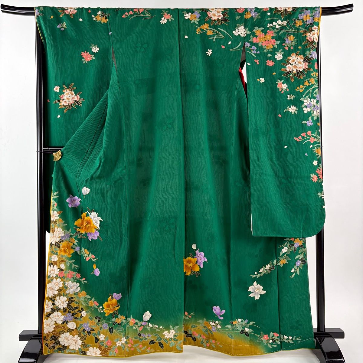 振袖 身丈166cm 裄丈67cm M 袷 草花 地紋 金糸 金彩 緑 正絹 秀品