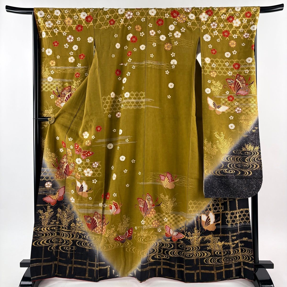 振袖 身丈167cm 裄丈67cm M 袷 蝶 梅 金銀彩 金糸 黄土色 正絹 秀品