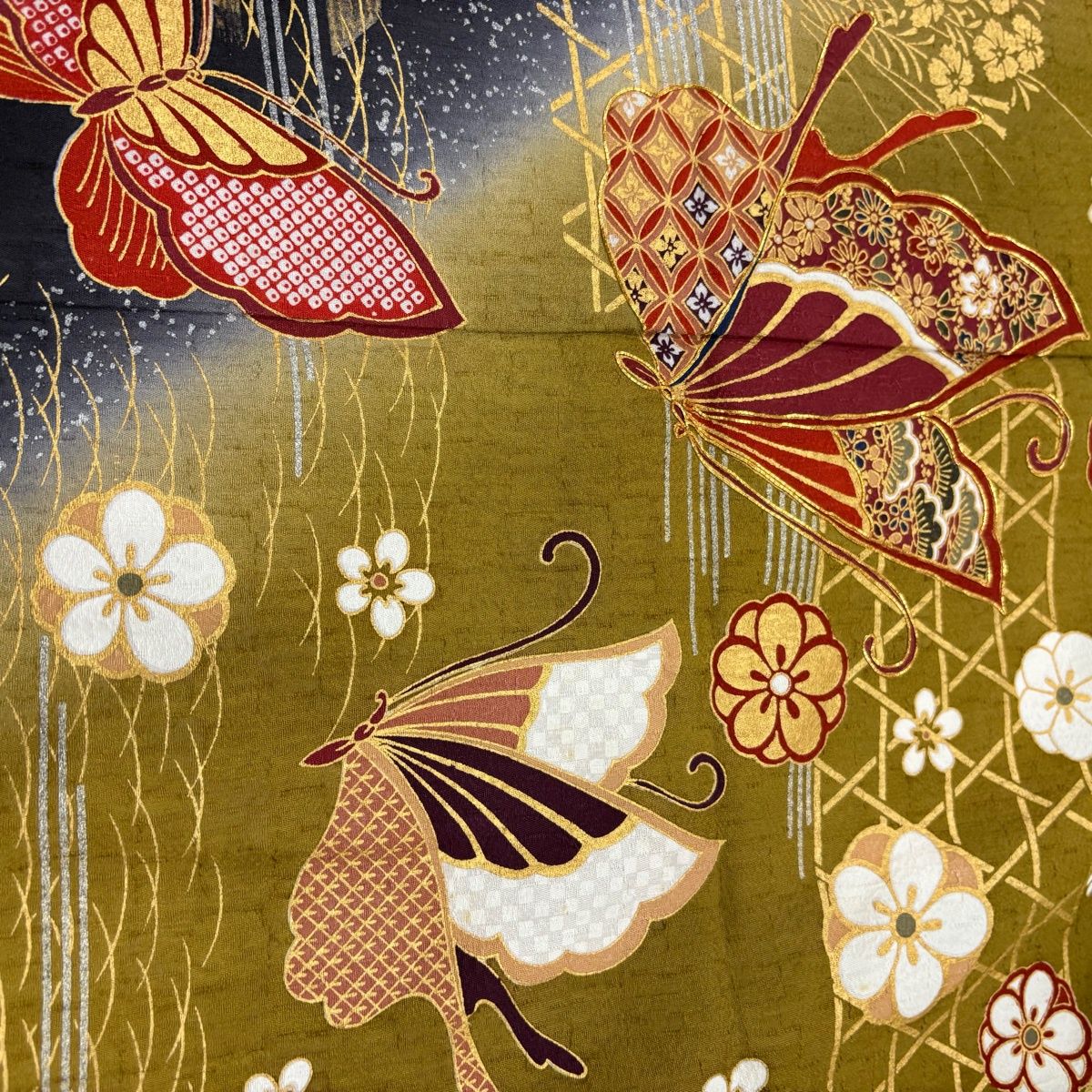 振袖 身丈167cm 裄丈67cm M 袷 蝶 梅 金銀彩 金糸 黄土色 正絹 秀品