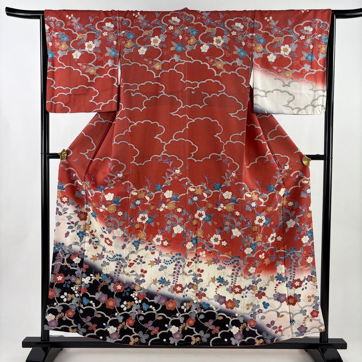 美品】 訪問着 身丈157.5cm 裄丈64.5cm M 袷 草花 雲文 金彩 染め分け