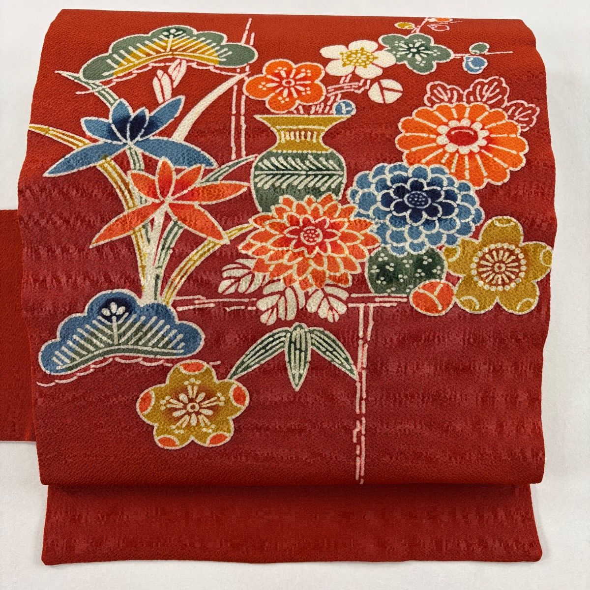 美品】名古屋帯 秀品 松竹梅 菊 縮緬 赤茶 正絹 【中古】 - メルカリ