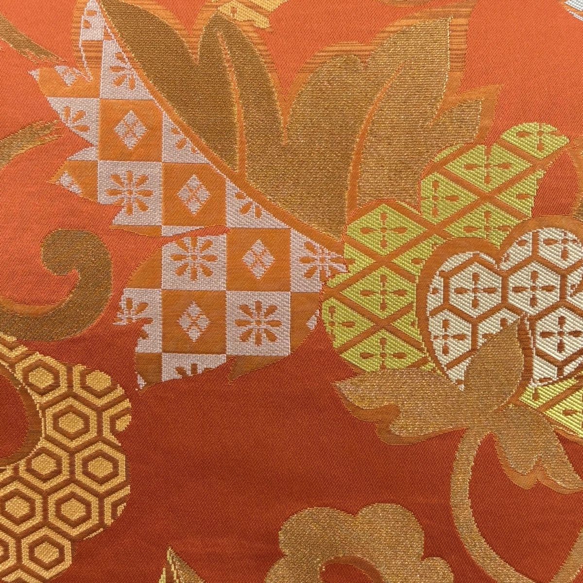 美品】 袋帯 秀品 川島織物 落款 花唐草 亀甲 金糸 箔 オレンジ 六通