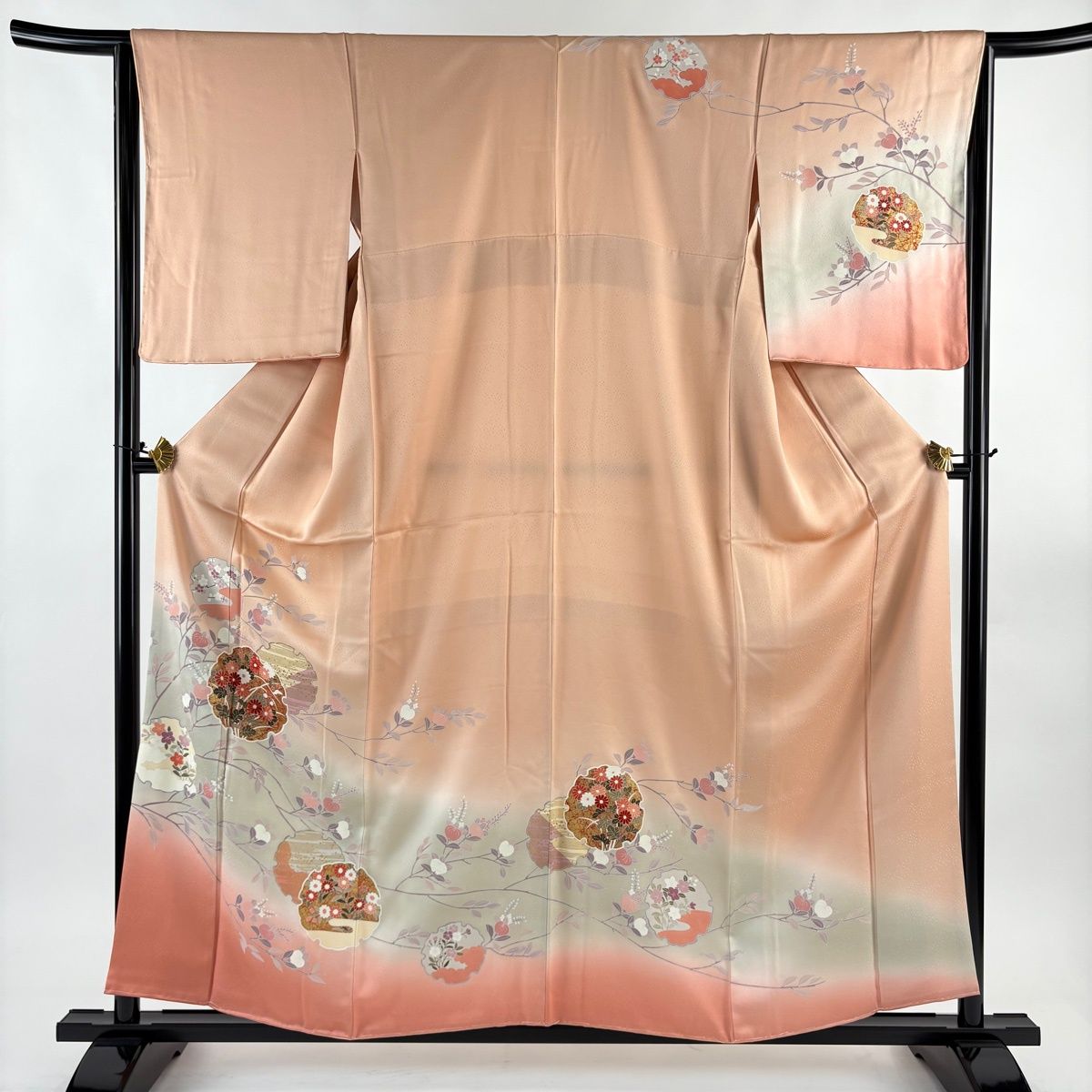 訪問着 身丈158.5cm 裄丈64cm M 袷 雪輪 草花 金彩 刺繍 サーモン