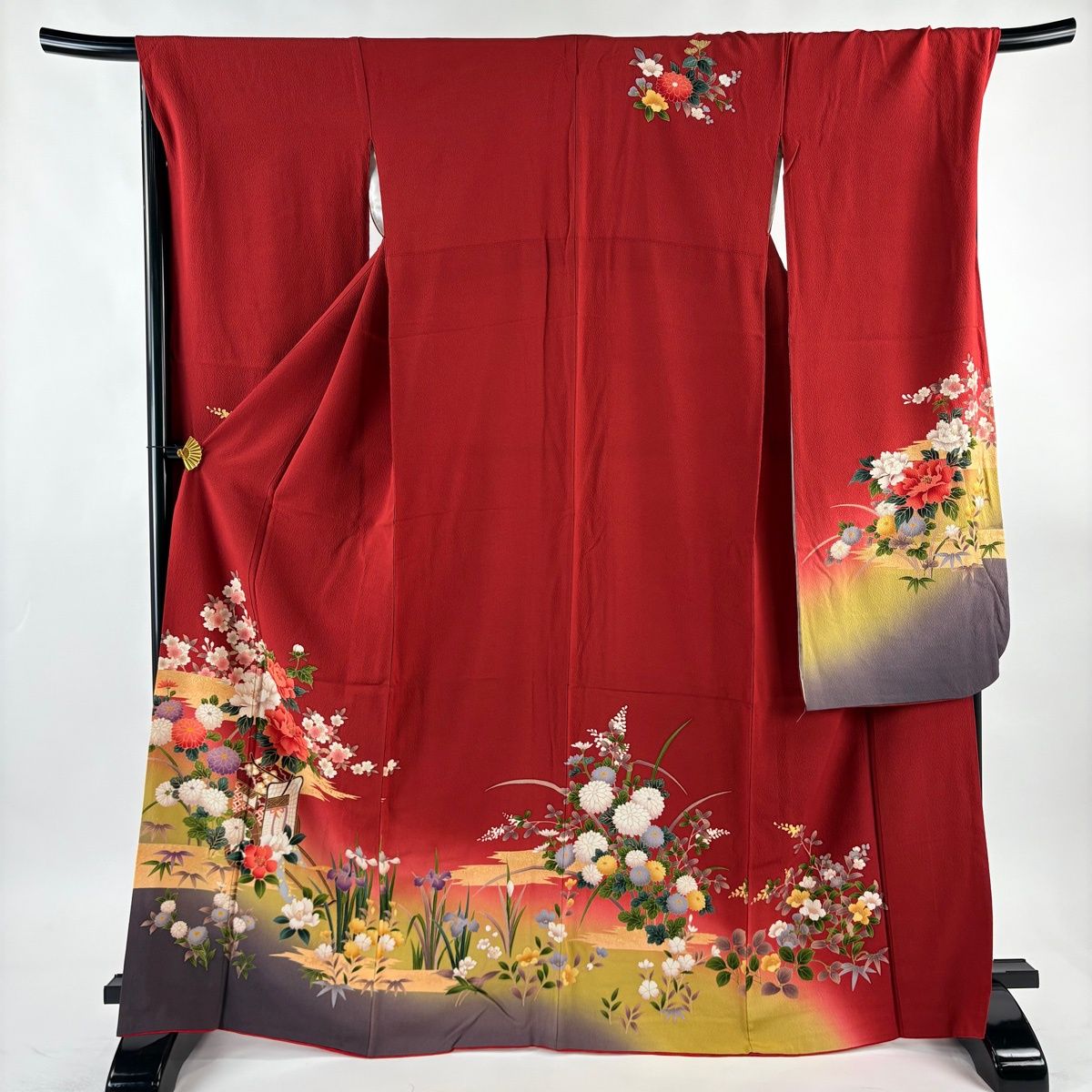 振袖 身丈166cm 裄丈68cm L 袷 鈴乃屋 御所車 草花 金彩 赤 正絹 秀品