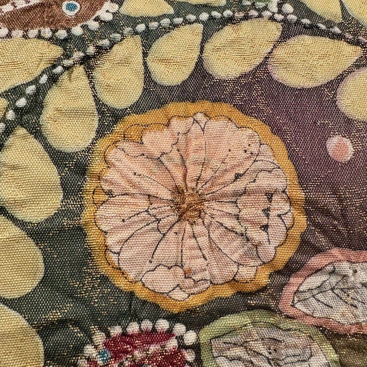 バイセル 着物 名品 袋帯 赤茶 紬地 草花 辻が花柄 金彩 ぼかし お太鼓